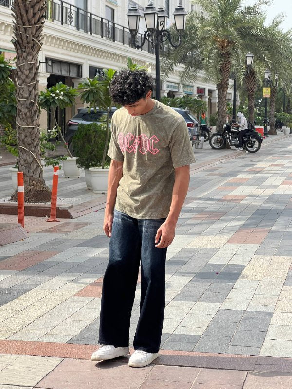 AC⚡DC Acid Wash Oversized T-Shirt – Olive Green