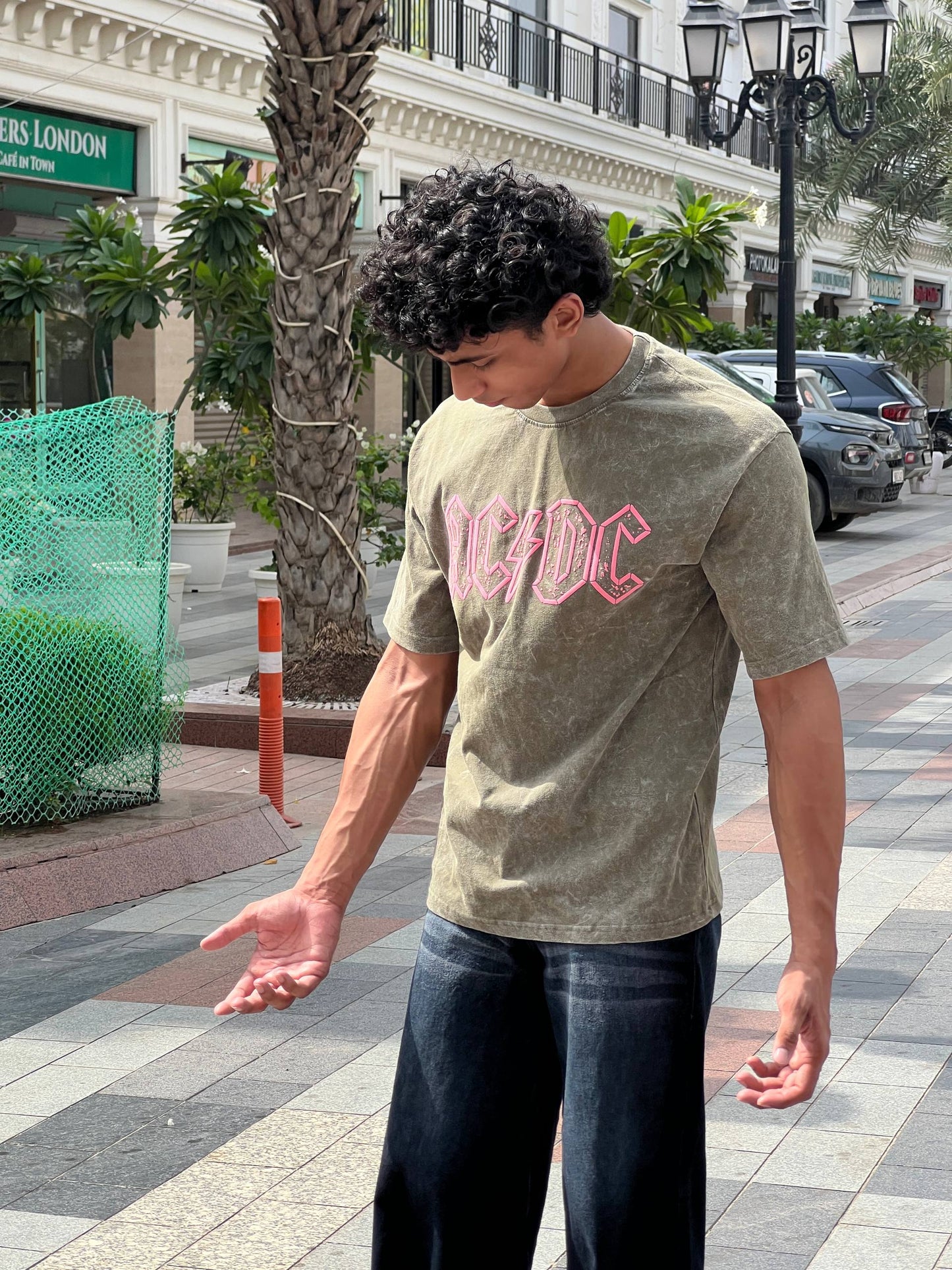 AC⚡DC Acid Wash Oversized T-Shirt – Olive Green