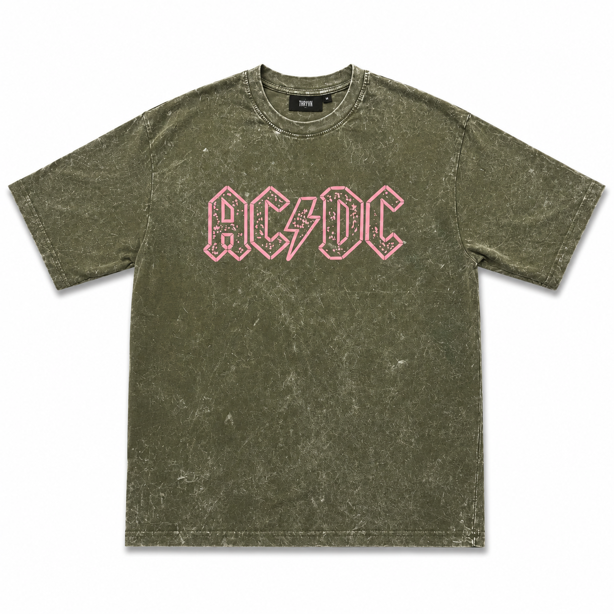 AC⚡DC Acid Wash Oversized T-Shirt – Olive Green
