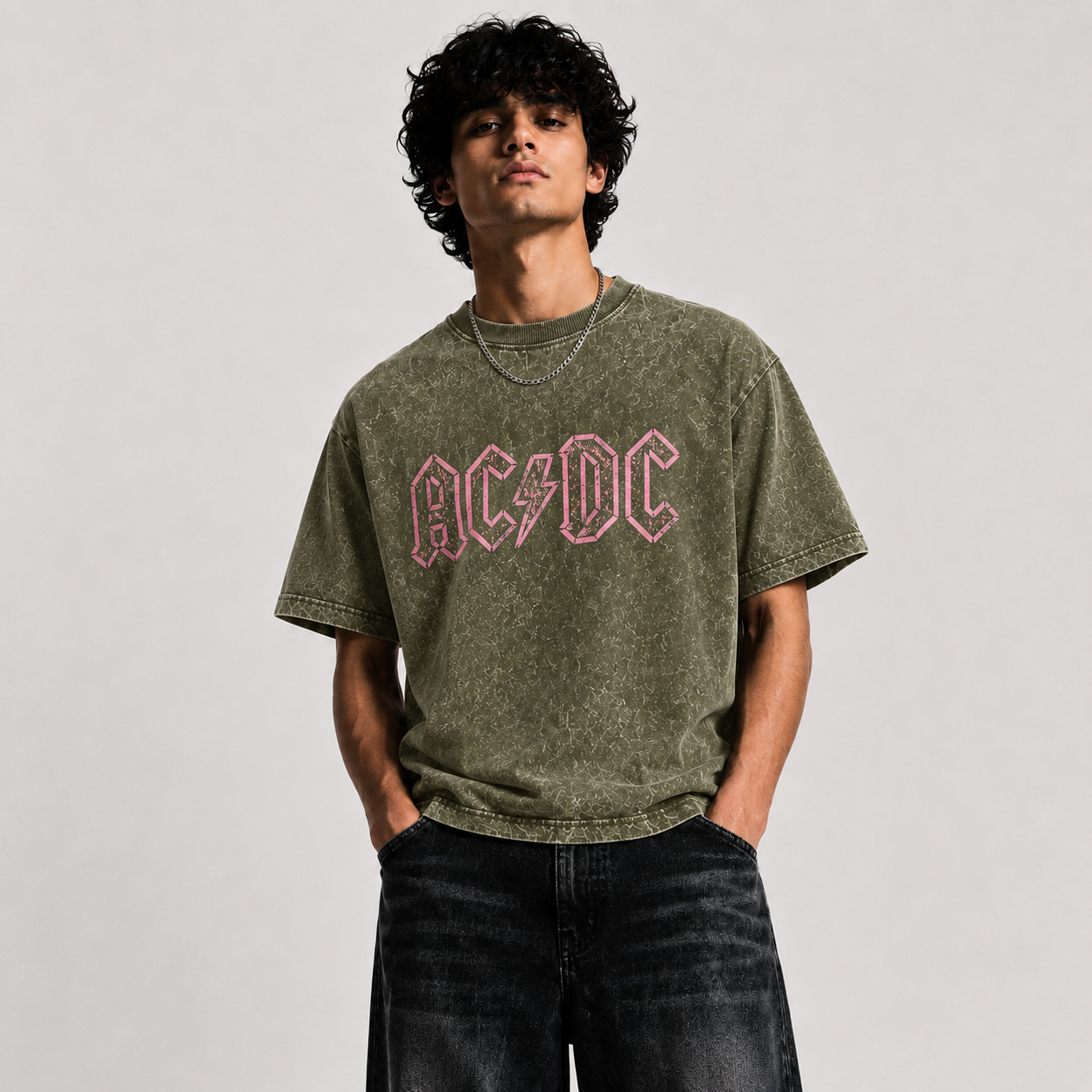 AC⚡DC Acid Wash Oversized T-Shirt – Olive Green