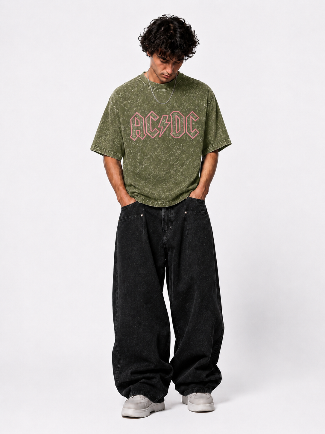 AC⚡DC Acid Wash Oversized T-Shirt – Olive Green
